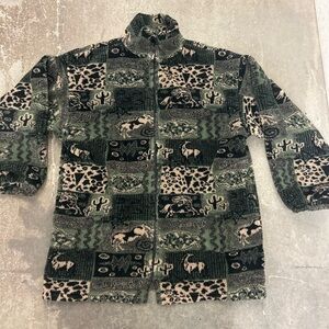 Vintage 90s Yukon Fleece Jacket in Green and Brown western horse cactus motif